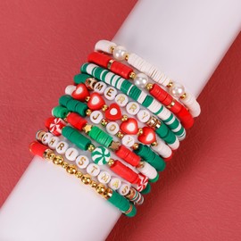 LUYI 10 PCS Christmas Bracelets for Women Holiday Friendship Heishi Surfer Bracelets Disc Clay Beaded Stretch Bracelets Christmas Jewelry Gifts Party Supplies Decor