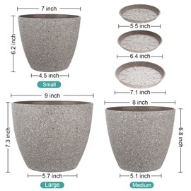 Vanavazon Plant Pots 9/8/7 Inch Set of 3 Flower Pots Indoor Outdoor Plastic Planters with Drainage Hole and Tray (Speckled Beige)