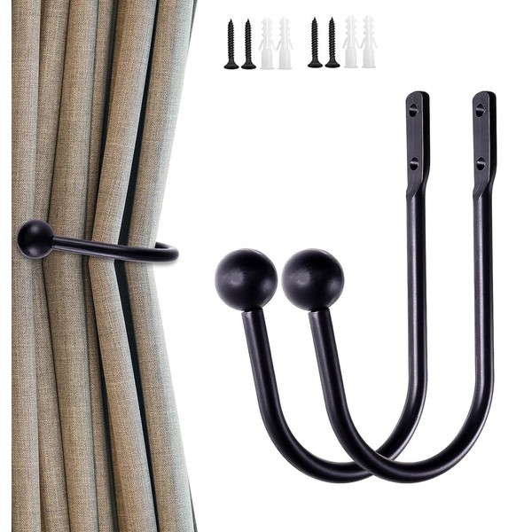 2PCS Curtain Tie Backs Hooks, Curtain Tie Backs Black, Metal