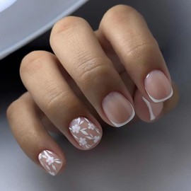 White French Tip Press on Nails Square Fake Nails with Designs White Flower Press ons Full Cover Glossy Acrylic Nails Glue on Nails Short Coffin Shaped Artificial Nails for Women Manicure 24Pcs