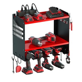 Spampur Power Tool Organizer Wall Mount with Charging Station, Tool Battery Holder with 4 Outlet Power Strip, 15 Min Assembly & Maximum 100lb Load by Heavy Duty Metal, 4 Slots for Cordless Drill