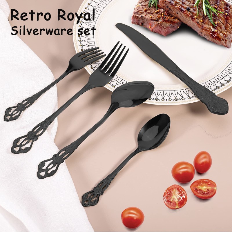 Black Silverware Set for 12, Stainless Steel Gorgeous Retro Royal