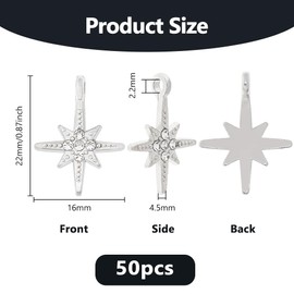 DICOSMETIC 50Pcs 8 Point Star Charm North Star Charms Rhinestone Star Pendant Alloy Celestial Charms Cubic Zirconia Shiny Star Dangle Charms Platinum Vintage Charm for DIY Jewelry Making
