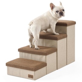 Dog Stairs with Storage, 4-Step Wider Sturdy Dog Steps for Small/Medium/Large Dogs and Older Cats, Folding Doggie Ramp for Bed/Couch/Car Hold Up to 210 lbs (22" H, Brown)