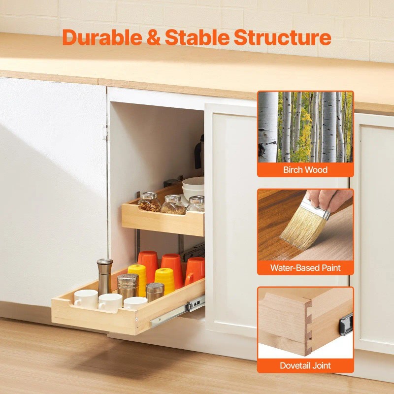 2-Tier Pull-Out Cabinet Organizer Soft Close Slide Out Wood Drawer