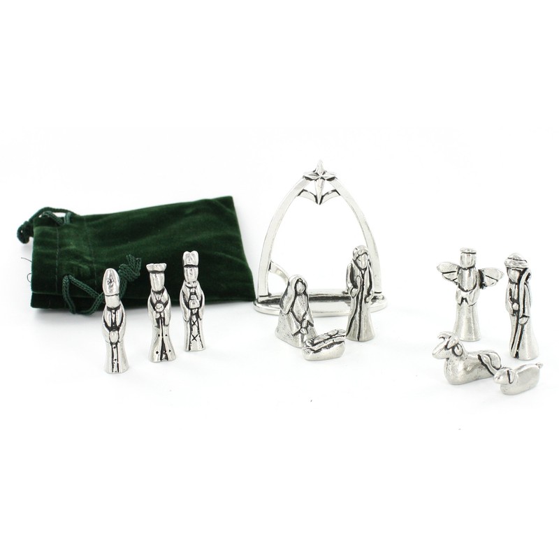Nativity Set with Chreche Mini Pewter Figurine 11 Pc Set