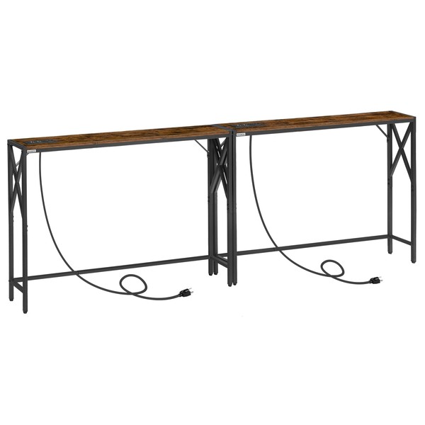 MAHANCRIS 2 Pack Narrow Sofa Table with Charging Station, 39.4" L x 5.9" W x 29" H, Skinny Console Table, Long Entryway Table, Hallway Table, Couch Table with Power Outlets, Rustic Brown CTHR151E01S2