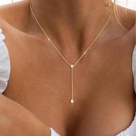 LULII Lariat Gold Necklace for Women Trendy Dainty 14K Gold Plated Long Y Necklaces CZ Pendant Choker Necklace Simple Jewelry for Women Gifts