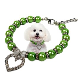 Green Dog Necklace Collar, Fancy Cat Wedding Collar Jewelry with Crystal Rhinestone Heart Pendants Girl's Bling Pet Collar Birthday Gift for Puppy Kitten Small Medium Large Dogs, L