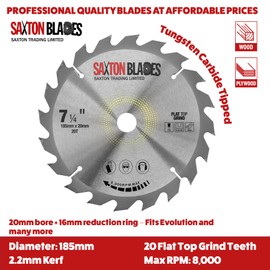 Saxton Flat Top TCT Circular Saw Blade 185mm x 20T x 20mm Bore + 16mm Ring fits Evolution Saws