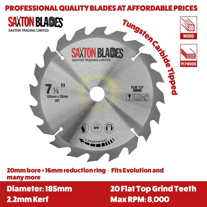 Saxton Flat Top TCT Circular Saw Blade 185mm x 20T