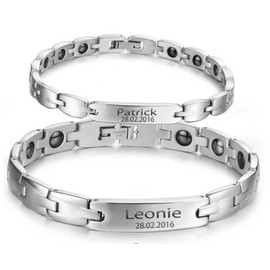 aplusashop ID Stainless Steel Magnetic Bracelet + Engraving as Desired as Partner Bracelets with Box, Polished 316L stainless steel