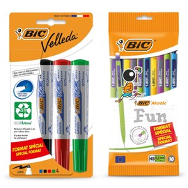 BIC Velleda Dry Wipe Whiteboard Marker Pens, Bullet Tip, Assorted Colours, Pack of 4 & BIC Matic Combos Mechanical Pencils 0.7mm HB Lead, Smooth Writing & Disposable 10 Pack for School & Office