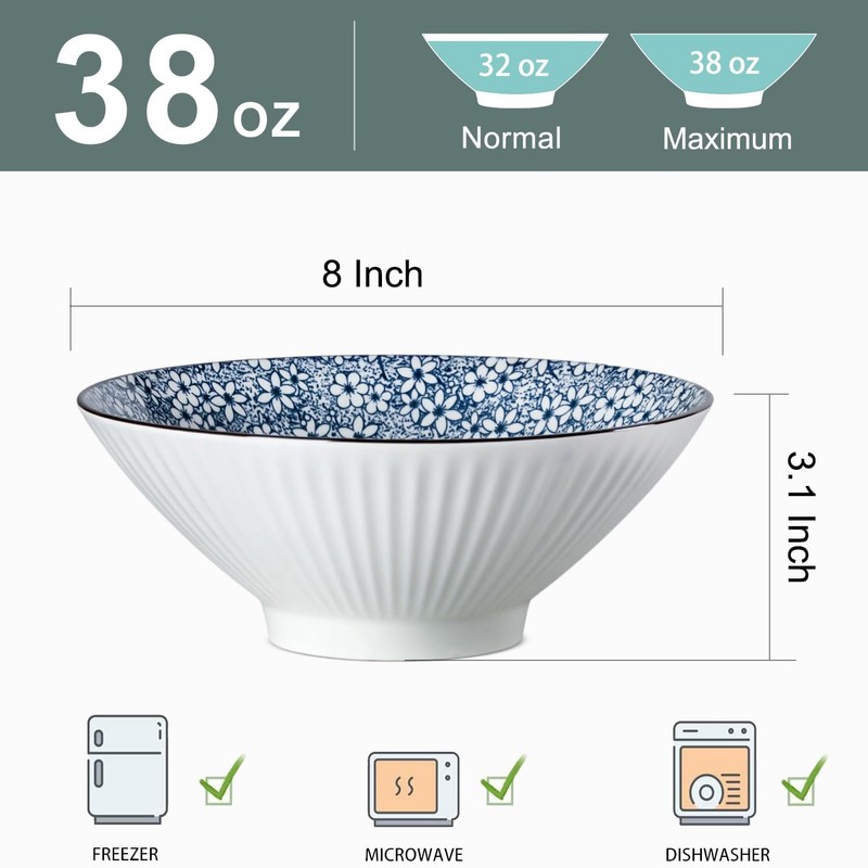 Zscera 38 oz Japanese Ramen Bowl Set of 4, 8-Inch