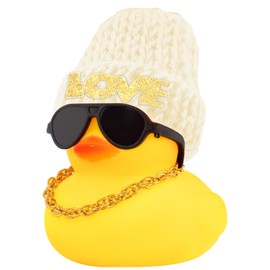 wonuu Car Dashboard Rubber Ducks Christmas Decorations, Christmas Eve Rubber Ducky for Car Ornament Cute Duck with Love Knit Hat, Glasses, Necklace, White