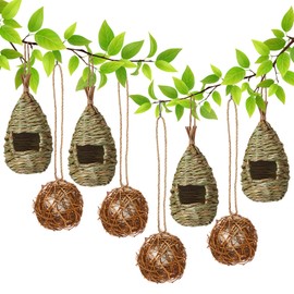 8 Pcs Hanging Hummingbird Nest House Set Hand Woven Round Hummingbird Nest with Refillable Cotton Garden Outside for Garden Patio Lawn Indoor Home Decoration, 2 Shapes