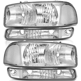LBRST Headlight Assembly for GMC Sierra 1500 1999-2006 for GMC Sierra 1500 Classic 2007 for GMC Sierra 2500 1999-2004 Chrome Housing Clear Reflector Clear Lens Driver and Passenger Side Headlamp
