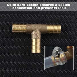 LEONTOOL 2 Pcs Brass Barb Tee Fitting 3/8"(10mm) ID Hose Pipe Fitting T-Shaped with 6 Pcs Stainless Steel Pipe Clamps, Brass Barbed Tee Hose Connector for Water Fuel Gas Air Oil