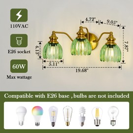 Piepooye Vintage Bathroom Light Fixtures Gold Vanity Light with Green Glass LampShade 3 Lights E26 Bulb Wall Sconce Indoor Vanity Light Over Mirror for Bedroom Kitchen Farmhouse Living Room