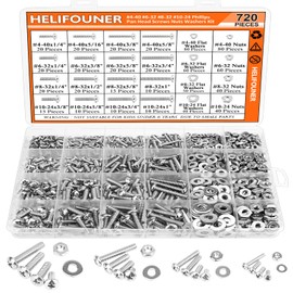 HELIFOUNER 720 Pieces #4-40#6-32#8-32#10-24 Phillips Pan Head Machine Screws Nuts Washers Assortment Kit, Coarse Thread, Fully Machine Threaded, 304 Stainless Steel