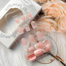 24Pcs Valentines Day Fake Nails French Tip Press on Nails Short Square False Nails with Rhinestones Lines Design Heart Glue on Nails Nude Pink Stick on Nails Valentines Nails Decoration for Women Girl