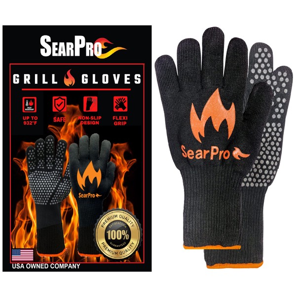 SearPro BBQ Grill Gloves Cooking Oven Mitts Fire Heat Resistant to 1400 Degrees Accessories for Barbecue Smoker Egg Fryer Hamburgers Pizza Steaks- Crock pots/Slow cookers -USA Owned Company-