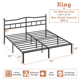OSASET 14 inch King Bed Frame -Platform Bed Frame with Headbroad Metal Bed Frame No Box Spring Noise Free Easy Assembly