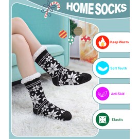 DOSKONI Slipper Socks for Women Fuzzy Non Slip Winter Thick Warm Soft Cozy Fleece Lining Home Socks with Grippers Snowflake Black