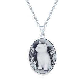 Vintage Antique Style Simulated Black Onyx Sitting Kitten Kitty Cat Cameo Pendant Necklace For Women Teen .925 Sterling Silver