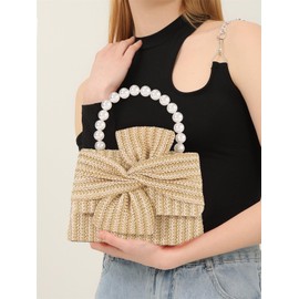 Elegant Straw Evening Bag Women Mini Bow Top Handle Satchel Style Clutch Handbags Cross Body Chain Strap Tote Purse