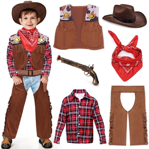 Latocos 7 PCS Kids Cowboy Costume for Boys Ages 3-10 Years Halloween Party Dress Up Role Play and Cosplay