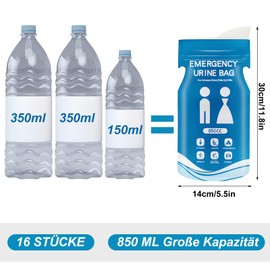 SPOKKI Pack of 16 850 ml Portable Urinal for On the Go Disposable Urinal Bag with Gel with Handle Emergency Toilets for Men Women Pregnant Patients Children Travel Car Camping Hiking
