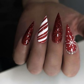 Christmas Press on Nails Long Almond Fake Nails With Snowflake Rhinestones Stripe Designs Xmas Red Glitter False Nails Full Cover Stick on Nails Acrylic Winter Artificial Nails for Women 24 Pcs