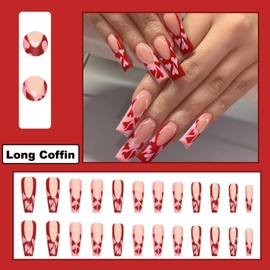 DOCVOEOMH Valentines Press on Nails Long Coffin Frech Red Pink Fake Nails with Cute Heart Design Valentine Full Cover Glue ons Artificial False Stick on Acrylic Nail for Women 24PCS