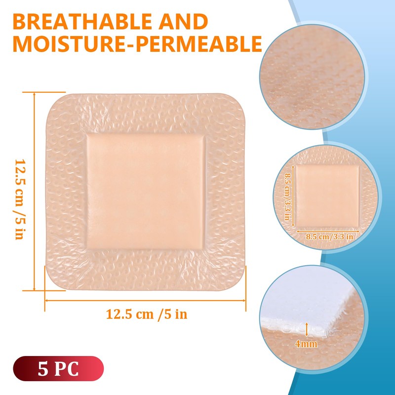 OUJEALEE Silicone Foam Dressing with Border - 5 Pack (5"