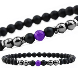 EUMENIDES Black Frosted Stone Magnetic Anklet，9.45" Length,6MM, 2 Packs,Natural Frosted Stone Anklet， Improve Sleep, (Purple Pine stone+Magnet)