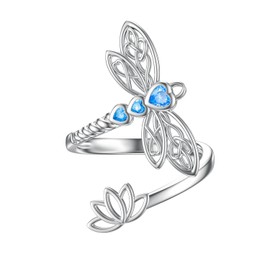 RMREWY Dragonfly Lotus Heart Celtic 925 Sterling Silver Adjustable Ring March Birthstone Blue Crystal Jewelry for Women Mother’s Day Birthday Gift for Sister Mom Dragonfly Lovers