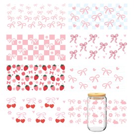 Jolliance UV DTF Cup Wrap Stickers - 8 Sheets Pink Bows UV DTF Cup Wraps for 16 oz Libbey Glass Cups, Funny Rub on Transfers for Coffee Mugs Furniture Craft Wood DIY Crafts