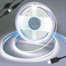 USB Type-C Powered 2M/6.56Ft 5V COB LED Strip Light with Dimmer of Memory Function,Pure White 6000K,640LEDs,Flexible Tape Light for TV Monitor Backlight,Mirror,Cabinet,Wardrobe,Cupboard DIY Lighting
