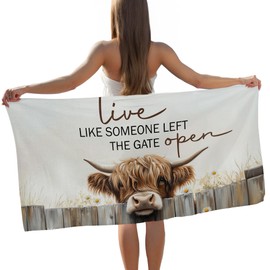 FIicy Highland Cow Western Beach Towel, Rustic Highland Cow Pool Towels, Rustic Cottagecore Large Beach Bath Travel Towels for Camping, Western Country Cows Bathroom Accessories Decor, 30x60in