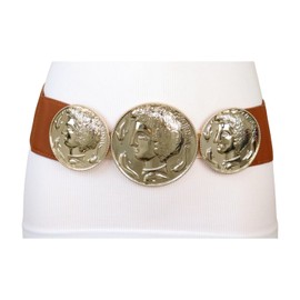 Women’s Brown Elastic Waistband Belt – Gold Greek Coin Medallion Big Buckle One Size S/M – Statement Belt for Tunics, Dresses, Jeans WB1