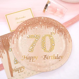96pcs 70th Birthday Party Plates and Napkins, Disposable Rose Gold 70th Paper Plates Napkins and Forks Vintage 1955 Aged Party Decorations Dinnerware Decorations for Ladies Women Girl Serves 24