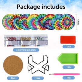 8 PCS Tie-Dye Diamond Art Coasters Kits with Holder DIY Tie-Dye Diamond Art Coaster Non Slip Coaster for Adults Diamond Art Kits Supplies for Present