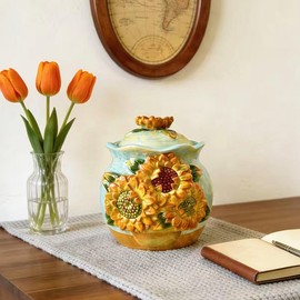 FORLONG Ceramic Hand-Painted Sunflower Sealed Jar,Food Storage Containers with Lids, Home Kitchen Countertop Decorative