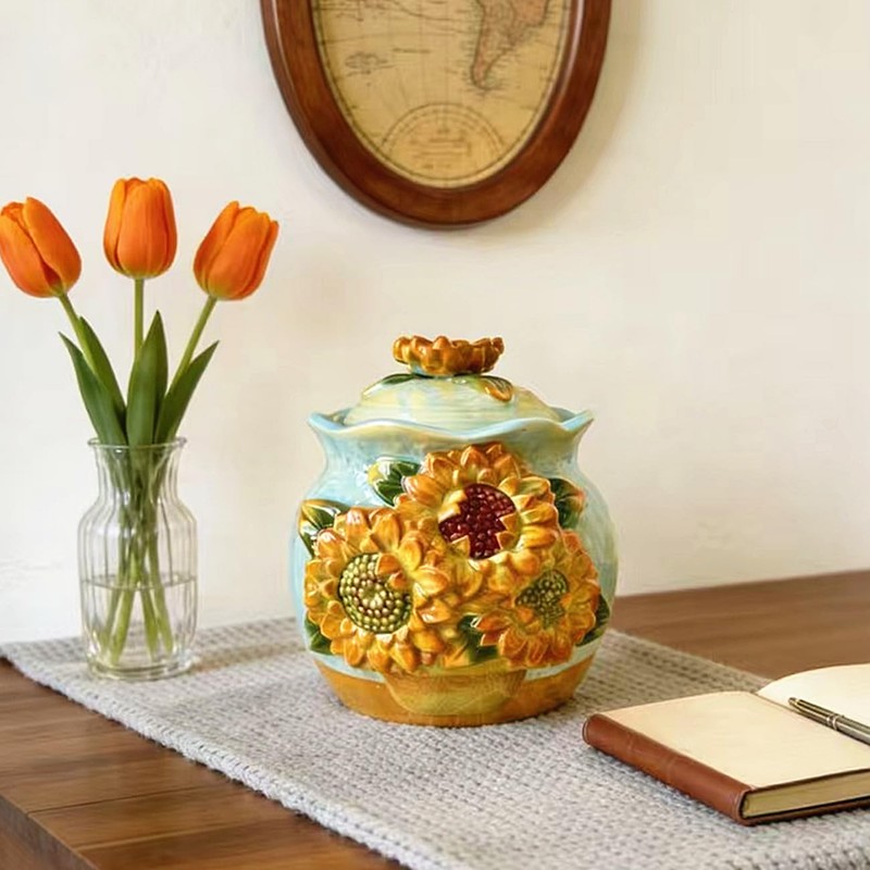 FORLONG Ceramic Hand-Painted Sunflower Sealed Jar,Food Storage Containers with Lids,