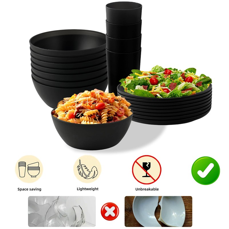 YARRGGU 24pcs Matte Black Dinnerware Set, Plates Bowls & Cups,