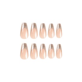 JUSTOTRY 24 Pcs Nude Coffin False Nails Long,Gold Glitter French Press on Nails Patterns,Pretty Ballerina Stick on Nails for Women,Acrylic Fake Nails Medium with Glue for Nail Art