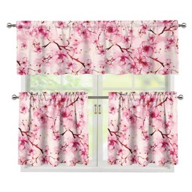 CREAMIC Cherry Blossom Kitchen Curtains and Valances Set for Daily Rod Pocket Tier Curtains Floral 3-Piece House Decor for Living Room Bedroom Bathroom 3 Piece Kitchen Valances Size M