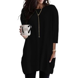 Poetsky 3/4 Sleeve Long Shirts for Leggings, Crew Neck Summer Tunics Tops with Pockets Black