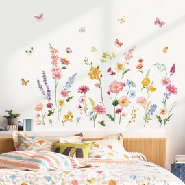 decalmile Summer Garden Flower Wall Decals Daisy Wildflower Grass Butterflies Wall Stickers Bedroom Living Room Home Office Wall Decor